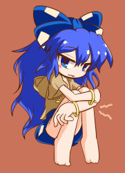 Rule 34 | 1girl, bangle, barefoot, blue eyes, blue hair, blue skirt, blush, bow, bracelet, brown background, brown hoodie, commentary request, debt, full body, hair bow, highres, hood, hoodie, hugging own legs, jewelry, kajiya no masa, long hair, looking at viewer, one-hour drawing challenge, open mouth, simple background, skirt, solo, touhou, very long hair, yorigami shion