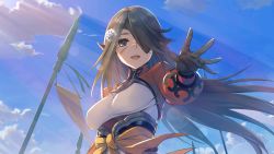 Rule 34 | 1girl, ainu clothes, animal ears, aquaplus, black hair, blue sky, breasts, brown eyes, brown hair, cloud, cloudy sky, collared shirt, eyepatch, facial scar, from below, game cg, gradient eyes, gradient hair, hair over one eye, highres, juuni (utawarerumono: lost flag), kawata hisashi, large breasts, light rays, long hair, long sleeves, looking at viewer, messy hair, multicolored eyes, multicolored hair, official art, open mouth, outdoors, polearm, reaching, reaching towards viewer, sash, scar, scar on cheek, scar on face, scar on nose, shirt, sidelocks, sky, smile, solo, spear, standing, sunlight, taut clothes, upper body, utawarerumono, utawarerumono: lost flag, very long hair, weapon, wolf ears