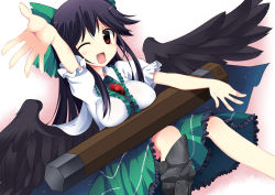 Rule 34 | 1girl, arm cannon, black legwear, black wings, breast rest, breasts, cape, female focus, fujy, large breasts, long hair, open mouth, red eyes, reiuji utsuho, revision, sitting, solo, touhou, weapon, wings, wink