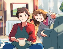 Rule 34 | 1boy, 1girl, armchair, blue pants, brown hair, cardigan, chair, closed mouth, collared shirt, creatures (company), drawing (object), game freak, gen 4 pokemon, gloria (pokemon), grey cardigan, hood, hood down, hoodie, indian style, indoors, kotone ranmaru, long sleeves, looking at viewer, looking back, medium hair, munchlax, nintendo, open mouth, pants, pink shirt, pokemon, pokemon (creature), pokemon swsh, red shirt, shirt, short hair, sitting, sleeves rolled up, smile, v, victor (pokemon), window