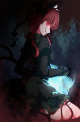 Rule 34 | 1girl, absurdres, animal ear fluff, animal ears, barefoot, blue fire, braid, breasts, cat ears, cat girl, cat tail, closed mouth, commentary request, dark background, dress, fire, floral print, frilled dress, frills, from side, glowing, glowing eyes, gokuu (acoloredpencil), green dress, highres, juliet sleeves, kaenbyou rin, long hair, long sleeves, looking at viewer, looking to the side, multiple tails, print dress, profile, puffy sleeves, red eyes, red hair, rose print, sideways glance, sitting, skull, small breasts, smile, solo, tail, touhou, twin braids, two tails, wariza