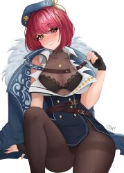Rule 34 | 1girl, arm support, benchikart, beret, black bra, black gloves, black pantyhose, blue hat, bra, breasts, cleavage, coat, coat on shoulders, fingerless gloves, fur-trimmed coat, fur trim, gloves, hat, heart, heart necklace, heterochromia, highres, hololive, houshou marine, houshou marine (businesswoman), jewelry, knees up, large breasts, looking at viewer, nail polish, necklace, official alternate costume, pantyhose, pink nails, red eyes, red hair, see-through, see-through cleavage, smile, solo, underwear, virtual youtuber, yellow eyes