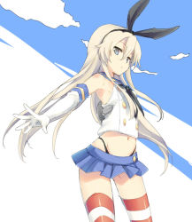 Rule 34 | 10s, 1girl, armpits, blonde hair, blue eyes, female focus, gloves, hairband, kantai collection, long hair, looking at viewer, ribbon, sailor collar, shimakaze (kancolle), sky, solo, striped clothes, striped thighhighs, thighhighs, tobade (tbdfactory)