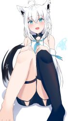 Rule 34 | 1girl, absurdres, ahoge, animal ear fluff, animal ears, black shorts, black thighhighs, blue neckerchief, blush, braid, commentary request, detached sleeves, earrings, fox ears, fox girl, fox tail, gachi mouchou, green eyes, hair between eyes, highres, hololive, hood, hoodie, jewelry, knees up, long hair, looking at viewer, neckerchief, open mouth, pentagram, shirakami fubuki, short shorts, shorts, sidelocks, signature, simple background, single braid, single thighhigh, sitting, solo, tail, thigh strap, thighhighs, virtual youtuber, white background, white hair, white hoodie