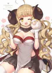 Rule 34 | 10s, 1girl, ;d, ahoge, anila (granblue fantasy), blonde hair, blush, breasts, cleavage, draph, eyebrows, gloves, granblue fantasy, horns, large breasts, long hair, looking at viewer, one eye closed, open mouth, sacraneco, sheep, sheep horns, short eyebrows, skirt, smile, solo, thighhighs, white thighhighs, yellow eyes, zettai ryouiki