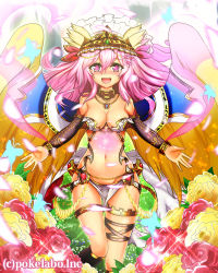 Rule 34 | 1girl, :d, angel wings, bare shoulders, blush, breasts, bug, butterfly, cleavage, collarbone, crown, detached sleeves, earrings, field, flower, flower field, golden wings, groin, hair flower, hair ornament, hair ribbon, bug, jewelry, kouzuki tsubasa (musou kaidou), loincloth, long hair, looking at viewer, makai gakuen catastrophe, navel, necklace, official art, open mouth, original, outstretched arms, pendant, petals, pink eyes, pink hair, ribbon, smile, solo, sparkle, spread arms, standing, thigh strap, thighlet, wings