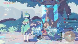Rule 34 | 1boy, apple, black hair, blue hair, cape, commentary, day, english commentary, english text, flower, food, fortisselle, fruit, gameplay mechanics, genshin impact, green cape, green hat, hat, health bar, heart, highres, male focus, minimap, multicolored hair, nintendo, outdoors, parody, petals, solo, standing, statue, the legend of zelda, the legend of zelda: breath of the wild, timestamp, tree, venti (genshin impact), white flower