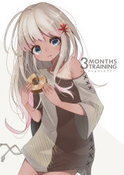Rule 34 | 1girl, alternate costume, baumkuchen, blonde hair, blue eyes, blush, commentary request, cowboy shot, eating, flower, food, food on face, haggy, hair flower, hair ornament, highres, holding, holding food, kantai collection, long hair, long sleeves, looking at viewer, off-shoulder shirt, off shoulder, one-hour drawing challenge, one-piece tan, ro-500 (kancolle), shirt, simple background, solo, tan, tanline, white background