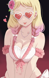 Rule 34 | 1girl, :3, :p, absurdres, arm scrunchie, armband, bare shoulders, bead necklace, beads, bikini, blonde hair, bow, bow bikini, braid, breasts, breasts squeezed together, cleavage, collarbone, commentary, flower, gradient background, gradient hair, hair bow, hair flower, hair ornament, heart, heart-shaped eyewear, highres, jewelry, large breasts, long hair, looking at viewer, love live!, love live! superstar!!, multicolored hair, navel, necklace, onitsuka natsumi, pink eyes, pink hair, red scrunchie, scrunchie, side braids, simple background, smile, solo, sunglasses, swimsuit, tongue, tongue out, two-tone bikini, upper body, waist bow, wet, white bow, zanpon
