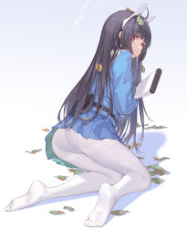 Rule 34 | 1girl, ass, black hair, blue archive, blue shirt, blue skirt, blunt bangs, closed mouth, feet, from behind, full body, halo, highres, leaf, leaf on head, long hair, long sleeves, looking at viewer, looking back, miyu (blue archive), nian (zhanian), panties, panties under pantyhose, pantyhose, pleated skirt, red eyes, shirt, skirt, soles, solo, underwear, white pantyhose