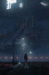Rule 34 | 1other, absurdres, asteroid ill, city, highres, night, railroad tracks, rain, scenery