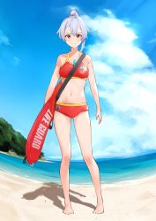 Rule 34 | 1girl, absurdres, bare shoulders, barefoot, beach, bikini, binoculars, blue sky, cloud, collarbone, commentary request, day, fate/grand order, fate (series), highres, lifeguard, long hair, looking at viewer, midriff, navel, ocean, orange eyes, outdoors, ponytail, red bikini, silver hair, sky, solo, swimsuit, tomoe gozen (fate), vegetablenabe, whistle, whistle around neck