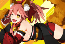 Rule 34 | 1girl, animal ear fluff, animal ears, animal hands, bell, breasts, cat paws, cleavage, collar, fangs, fate/grand order, fate (series), fox ears, fox girl, fox tail, gloves, hair ribbon, highres, jingle bell, large breasts, long hair, looking at viewer, lying, neck bell, on stomach, one eye closed, paw gloves, pink hair, red ribbon, ribbon, solo, tail, tamamo (fate), tamamo cat (fate), tamamo cat (first ascension) (fate), yellow eyes, yukiko (yukkyu)