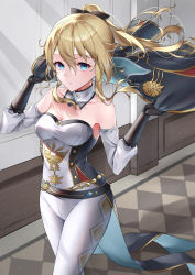 Rule 34 | 1girl, absurdres, black bow, black gloves, blonde hair, blouse, blue eyes, bow, breasts, capelet, cleavage, detached collar, detached sleeves, genshin impact, gloves, hair bow, hallway, highres, jean (genshin impact), large breasts, looking at viewer, multicolored capelet, myske (myst34415756), pants, ponytail, shirt, sleeveless, sleeveless shirt, solo, tight clothes, tight pants, walking, white pants, white shirt