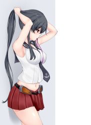Rule 34 | 1girl, bad id, bad twitter id, between breasts, black hair, blue neckwear, breasts, collarbone, from side, grey background, highres, kantai collection, large breasts, long hair, looking to the side, midriff, navel, open mouth, pleated skirt, ponytail, purple scrunchie, red eyes, red skirt, sailor collar, scrunchie, simple background, skirt, solo, tying hair, very long hair, white background, yahagi (kancolle), z5987