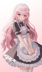 Rule 34 | 1girl, alternate costume, black bow, black bowtie, blush, bow, bowtie, closed mouth, duplicate, enmaided, gradient background, hair between eyes, highres, holding, long hair, looking at viewer, louise francoise le blanc de la valliere, maid, maid headdress, pink background, pink eyes, pink hair, pixel-perfect duplicate, puffy sleeves, seungju lee, solo, standing, thighhighs, thighs, zero no tsukaima, zettai ryouiki