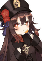 Rule 34 | 1girl, :t, absurdres, bad id, bad pixiv id, black hat, black jacket, blush, brown eyes, brown hair, closed mouth, commentary request, eating, flower, flower-shaped pupils, food, food on face, fork, genshin impact, hair between eyes, hands up, hat, hat flower, highres, holding, holding fork, hu tao (genshin impact), jacket, kyo (maae00), long hair, long sleeves, looking at viewer, red flower, red shirt, rice, rice on face, shirt, simple background, sleeves past wrists, solo, symbol-shaped pupils, upper body, very long hair, white background, wide sleeves