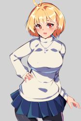 Rule 34 | 1girl, absurdres, ahoge, arcueid brunestud, blonde hair, blue skirt, blush, breasts, contrapposto, cowboy shot, eyebrows hidden by hair, grey background, hair between eyes, hand on own hip, highres, jewelry, large breasts, long sleeves, medium hair, melty blood, necklace, nishisan (mikurosu), open mouth, pantyhose, pleated skirt, red eyes, simple background, skirt, smile, solo, sweater, tsukihime, tsukihime (remake), turtleneck, white sweater