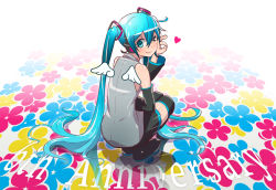 Rule 34 | 1girl, aqua eyes, aqua hair, bad id, bad pixiv id, bare shoulders, flower, hatsune miku, heart, long hair, looking back, ok sign, one eye closed, s.h.v, smile, solo, squatting, thighhighs, twintails, very long hair, vocaloid, wings, wink
