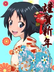 Rule 34 | 1girl, alternate hairstyle, black hair, blue background, blue eyes, floral background, floral print, flower, freckles, from side, girls und panzer, gogopaint, hair flower, hair ornament, hair up, happy new year, highres, japanese clothes, kimono, looking at viewer, looking back, new year, obi, open mouth, print kimono, red flower, red kimono, sash, short hair, smile, solo, translated, upper body, yamagou ayumi