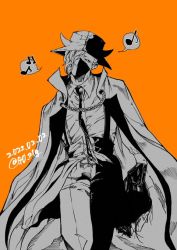Rule 34 | 1boy, cape, go 21g, hat, horns, humming, male focus, mask, necktie, one piece, orange background, page one (one piece), partially colored, signature, solo