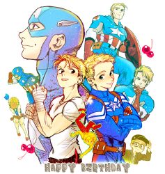 Rule 34 | 6+boys, animification, avengers (series), bandaged hand, bandages, blonde hair, blue eyes, blush, captain america, casual, cherry, crossdressing, food, fruit, full-face blush, happy birthday, jungyun99, looking at viewer, male focus, marvel, multiple boys, multiple persona, scales, shield, star (symbol), steve rogers, striped, superhero costume, wind, wind lift, wings