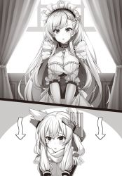 Rule 34 | 2girls, animal ears, arrow (symbol), azur lane, belfast (azur lane), blush, breasts, cleavage, collarbone, elbow gloves, gloves, greyscale, highres, indoors, large breasts, long hair, looking at another, looking away, monochrome, multiple girls, parted lips, raiou, very long hair, warspite (azur lane)