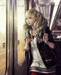 Rule 34 | 10s, 1girl, absurdres, aqua eyes, bag, blazer, blonde hair, buttons, cellphone, crest, drawstring, duffel bag, earrings, hair ornament, hairclip, highres, holding, holding phone, hood, hood down, hooded jacket, jacket, jewelry, lips, long hair, looking away, looking outside, miniskirt, namako mikan, pantyhose, patch, persona, persona 5, phone, plaid, plaid skirt, realistic, red pantyhose, school uniform, shoulder bag, skirt, sleeves rolled up, smartphone, solo, stud earrings, swept bangs, takamaki anne, train, train interior, twintails, unbuttoned, wavy hair, window, zipper