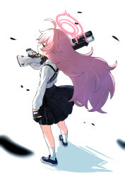 Rule 34 | 1girl, ahoge, black footwear, black skirt, blue archive, blush, closed mouth, full body, gun, halo, hashiro, holding, holding gun, holding weapon, hoshino (blue archive), long hair, long sleeves, pink hair, pink halo, pleated skirt, revision, shirt, shoes, simple background, skirt, socks, solo, weapon, white background, white shirt, white socks, yellow eyes