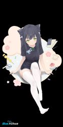 Rule 34 | 1girl, absurdres, animal ear fluff, animal ears, black background, black dress, black hair, blue archive, closed mouth, commentary request, copyright name, dress, full body, green eyes, highres, knee up, long hair, no shoes, short sleeves, shun (blue archive), shun (small) (blue archive), sitting, solo, star anise, thighhighs, white thighhighs