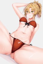 Rule 34 | arm support, braid, breasts, cum, cum on body, cum on clothes, cum on lower body, cum on stomach, dutch angle, embarrassed, fate/apocrypha, fate (series), green eyes, hanada yanochi, heart, heart-shaped pupils, mordred (fate), mordred (fate) (all), mordred (fate/apocrypha), mordred (swimsuit rider) (fate), mordred (swimsuit rider) (first ascension) (fate), navel, pussy juice, symbol-shaped pupils, wavy mouth