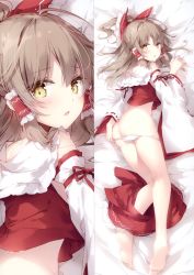 Rule 34 | 1girl, absurdres, arm ribbon, ass, bare legs, bare shoulders, barefoot, bed sheet, blush, bow, brown hair, clothes pull, detached sleeves, frilled bow, frilled shirt collar, frills, from behind, full body, hair bow, hair tubes, hakurei reimu, half updo, hand up, highres, kneepits, long hair, long sleeves, looking at viewer, looking back, lying, miniskirt, mochizuki shiina, multiple views, on stomach, panties, panty pull, parted lips, petticoat, red bow, red ribbon, red skirt, ribbon, ribbon-trimmed sleeves, ribbon trim, scan, sidelocks, skirt, skirt pull, thighs, touhou, underwear, white panties, wide sleeves, yellow eyes