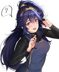 Rule 34 | 1girl, :d, ?, alternate hairstyle, black shirt, blue dress, blue eyes, blue hair, blush, confused, dress, embarrassed, eyelashes, fire emblem, fire emblem awakening, hair ornament, hand in own hair, highres, long hair, long sleeves, looking at viewer, lucina (fire emblem), nintendo, open mouth, ormille, pinafore dress, ponytail, shirt, sidelocks, simple background, sleeveless dress, smile, solo, speech bubble, spoken question mark, tiara, upper body, very long hair, white background