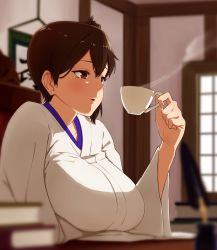 Rule 34 | 1girl, blurry, blurry background, blurry foreground, blush, book, book stack, breasts, brown eyes, brown hair, cup, highres, holding, holding cup, huge breasts, indoors, inkwell, japanese clothes, kaga (kancolle), kantai collection, long sleeves, no armor, omaru gyuunyuu, open mouth, quill, short hair, side ponytail, sitting, solo, steam, tea, teacup, wide sleeves
