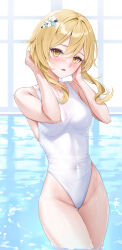 Rule 34 | 1girl, absurdres, alternate costume, arms behind head, bare arms, bare shoulders, blonde hair, blush, breasts, brown eyes, commentary, covered navel, flower, genshin impact, groin, hair between eyes, hair flower, hair intakes, hair ornament, hairclip, hands up, highleg, highleg swimsuit, highres, looking at viewer, lumine (genshin impact), lunacle, medium breasts, one-piece swimsuit, open mouth, parted lips, short hair, short hair with long locks, solo, swimsuit, thighs, wading, water, wet, wet clothes, wet swimsuit, white flower, white one-piece swimsuit, yellow eyes