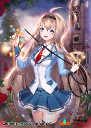 Rule 34 | 1girl, absurdly long hair, ahoge, black thighhighs, blue eyes, blue skirt, blush, breasts, company name, copyright name, hairband, heart, large breasts, long hair, looking at viewer, necktie, parted lips, qurare magic library, red necktie, skirt, smile, snow is, solo, thighhighs, very long hair