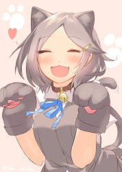 Rule 34 | 10s, 1girl, :3, animal ears, animal hands, black hair, blew andwhite, breasts, cat ears, cat tail, closed eyes, dress shirt, fang, gloves, hair ornament, hairclip, heart, highres, kantai collection, kemonomimi mode, kuroshio (kancolle), medium breasts, open mouth, paw gloves, paw pose, paw print, ribbon, school uniform, shirt, short hair, skirt, smile, solo, tail, upper body, vest, white shirt