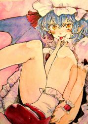 Rule 34 | 1girl, bat wings, blue hair, blush, dress, fang, female focus, finger to mouth, looking at viewer, mary janes, meeeeeji, meiji (charisma serve), pointy ears, remilia scarlet, shoes, short hair, short sleeves, smile, solo, tongue, tongue out, touhou, wings, wrist cuffs, yellow eyes