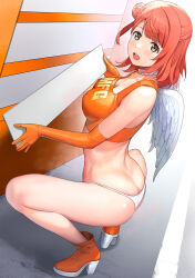 Rule 34 | 1girl, a1 (initial-g), alternate costume, ass, breasts, butt crack, clothes writing, commentary request, elbow gloves, gloves, green eyes, hair bun, highres, legs, looking at viewer, love live!, love live! nijigasaki high school idol club, medium breasts, mf ghost, open mouth, orange footwear, orange gloves, panties, red hair, shoes, short hair, single side bun, solo, squatting, thighs, uehara ayumu, underwear, white panties, white wings, wings