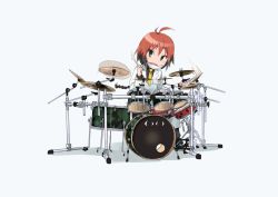 Rule 34 | 1girl, ahoge, bad id, bad twitter id, blush, brown hair, commentary request, drum, drum set, drumming, drumsticks, green eyes, id card, instrument, kill me baby, lab coat, long hair, looking at viewer, multicolored hair, necktie, okayparium, open mouth, red hair, solo, unused character (kill me baby), yellow necktie