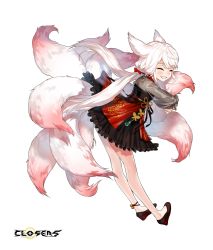 Rule 34 | 1girl, animal ears, bare legs, black dress, black footwear, closed eyes, closers, dress, facing viewer, fox ears, fox tail, frilled dress, frills, full body, grin, highres, hugging own tail, hugging tail, kyuubi, leaning forward, long hair, long sleeves, low twintails, multiple tails, official art, see-through, see-through sleeves, seth (closers), shoes, smile, solo, tail, twintails, very long hair, white hair