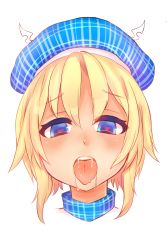 Rule 34 | 10s, 1girl, ahegao, blonde hair, blue eyes, blush, close-up, drooling, hat, heart, heart-shaped pupils, i-8 (kancolle), kantai collection, looking at viewer, open mouth, oral invitation, original, osiimi, plaid, saliva, short hair, simple background, solo, symbol-shaped pupils, tongue, tongue out