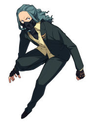 Rule 34 | 1boy, asada hachi, black footwear, black gloves, buttons, collared shirt, commentary request, fingerless gloves, gloves, green eyes, grey hair, grey jacket, grey pants, grey suit, gridman universe, jacket, long hair, looking at viewer, male focus, mask, max (ssss.gridman), mouth mask, open clothes, open jacket, pants, shirt, shoes, simple background, smile, solo, ssss.gridman, suit, white background, yellow shirt