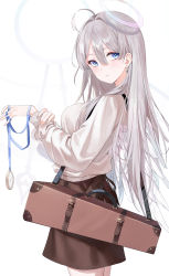 Rule 34 | 1girl, ahoge, blue eyes, breasts, brown skirt, case, cowboy shot, earrings, emyo, from side, grey hair, halo, highres, jewelry, long hair, long sleeves, looking at viewer, looking to the side, medium breasts, miniskirt, original, pocket watch, shirt, simple background, skirt, solo, watch, white background, white shirt