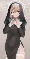 Rule 34 | 1girl, alternate costume, alternate hairstyle, bandaid, bandaid on face, black dress, black nails, brown eyes, brown hair, dress, garter straps, habit, hair ornament, hairclip, halo, highres, hololive, hololive english, jewelry, looking at viewer, multicolored hair, nail polish, nanashi mumei, necklace, nun, own hands together, runes, short hair, shuuzo3, smile, streaked hair, thighhighs, veil, virtual youtuber, white thighhighs