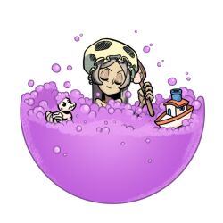 Rule 34 | 1girl, bath, bath brush, bloody marie (skullgirls), boat, bubble, bubble bath, closed eyes, collarbone, grey hair, hair down, hat, long hair, nude, official art, rubber duck, shower cap, skullgirls, smile, solo, toy, transparent background, watercraft