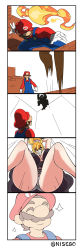 Rule 34 | 1boy, 1girl, 5koma, absurdres, bad deviantart id, bad id, blonde hair, bowser, bowsette, breasts, comic, dress, facial hair, from above, from below, gloves, goomba, grey panties, grin, hat, highres, jpeg artifacts, large breasts, mario, mario (series), mustache, new super mario bros. u deluxe, nintendo, nisego, overalls, panties, pantyshot, pointy ears, ponytail, print panties, smile, super crown, super mario bros. 3, thick eyebrows, underwear, white gloves