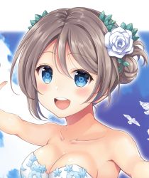 Rule 34 | 1girl, artist name, artist request, bare shoulders, bird, blue eyes, blush, breasts, cleavage, collarbone, dress, female focus, flower, grey hair, hair between eyes, light brown hair, looking at viewer, love live!, love live! sunshine!!, parted lips, sakurai makoto (custom size), short hair, small breasts, smile, solo, watanabe you, wedding dress, white flower