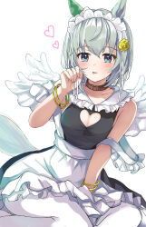 Rule 34 | 1girl, alternate costume, animal ears, blue eyes, blush, bracelet, breasts, commentary request, curtains, ear covers, enmaided, fake wings, grey hair, hair ornament, hairclip, hanamura pink, heart, highres, horse ears, horse girl, horse tail, jewelry, maid, maid headdress, medium breasts, on bed, open mouth, pantyhose, puffy short sleeves, puffy sleeves, seiun sky (umamusume), short hair, short sleeves, simple background, single ear cover, sitting, skirt, smile, solo, sweatdrop, tail, thighhighs, thighs, tongue, tongue out, umamusume, white background, white pantyhose, wings, yokozuwari