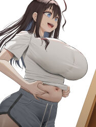 Rule 34 | 1girl, :d, belly grab, black hair, blue eyes, breasts, commentary request, grey shorts, highres, huge breasts, long hair, navel, oekakizuki, open mouth, original, plump, senpai (oekakizuki), shirt, short shorts, short sleeves, shorts, simple background, smile, solo, stomach, teeth, upper teeth only, weight conscious, white background, white shirt